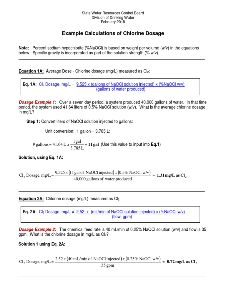 Example Calculations of Chlorine Dosage PDF Mass Concentration
