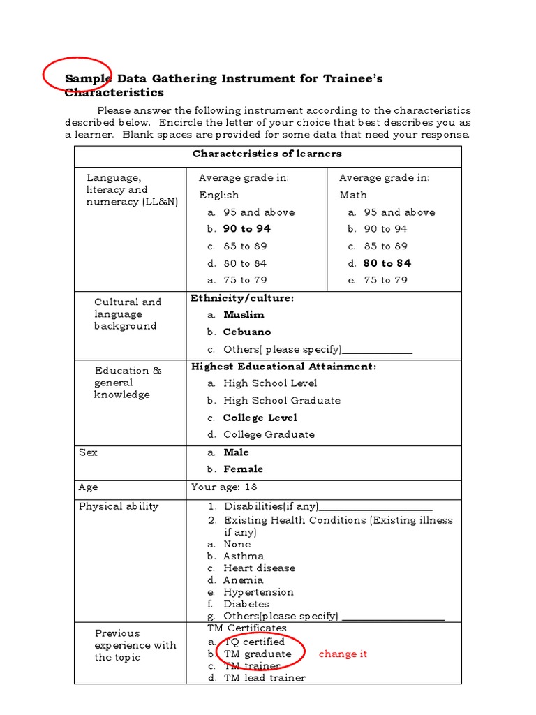 Sample Data Gathering Instrument For Trainee's Characteristics | PDF ...