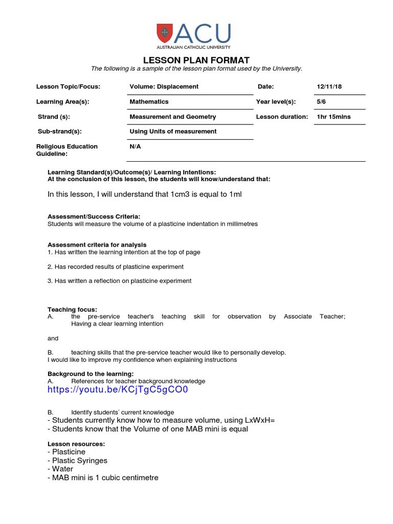 Lesson Plan Format: The following is a sample of the lesson plan format