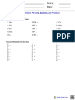 Name: Teacher: Date: Score:: Converting Between Percents, Decimals, and Fractions