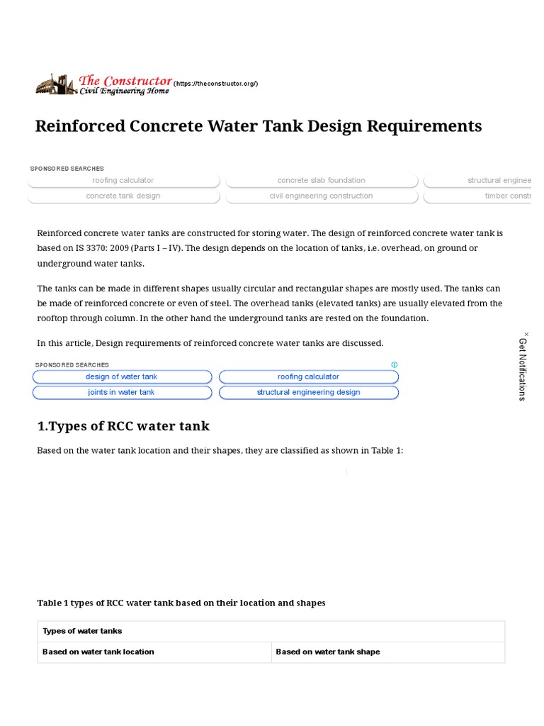 Reinforced Concrete Water Tank Design Requirements PDF Concrete