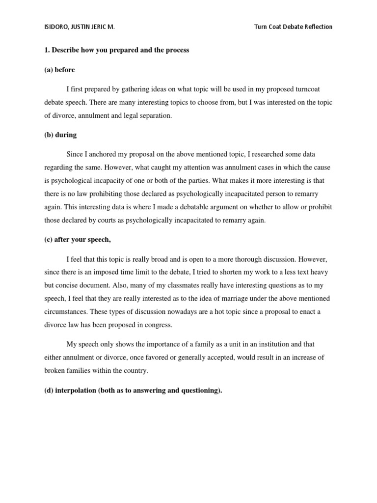 Turncoat Debate Reflection PDF Divorce Argument