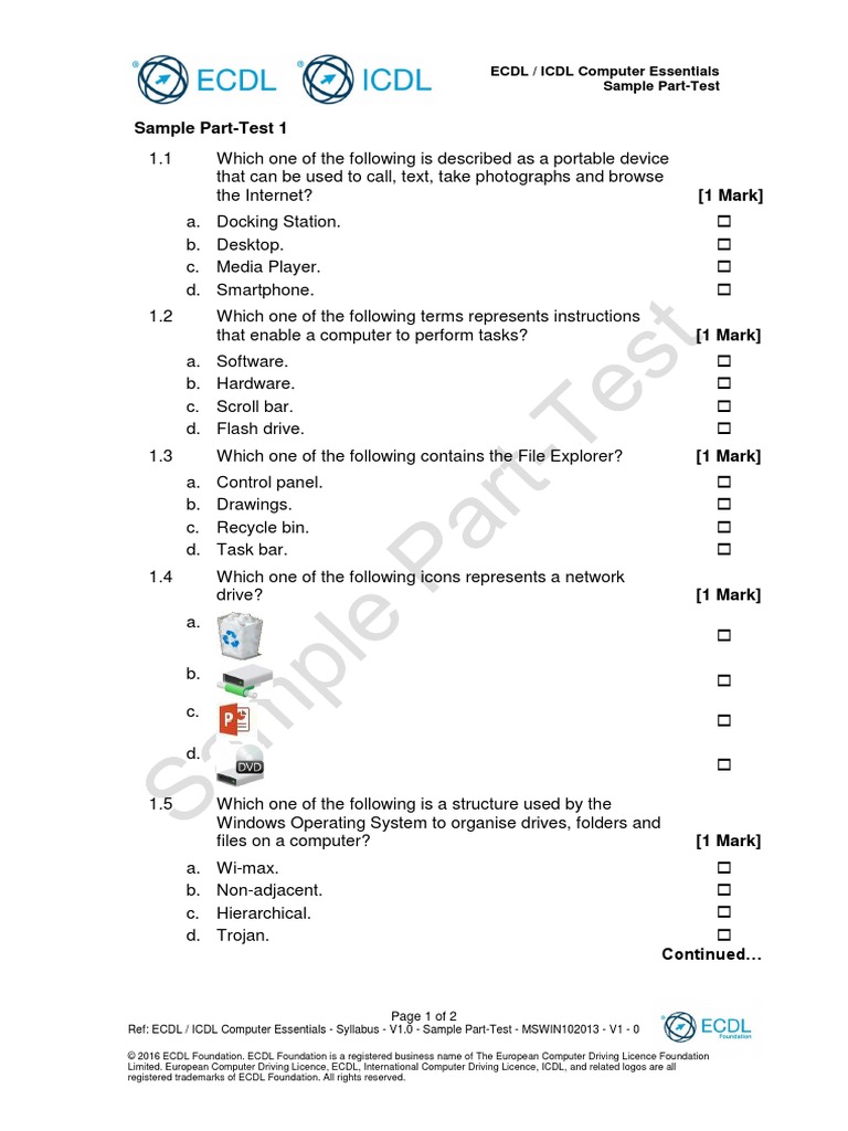 Computer Essentials Sample PartTest Theory Questions PDF