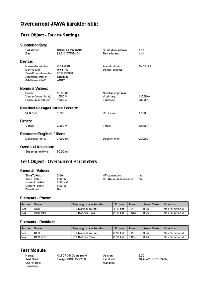 Overcurrent Test Results for OCR/GFR | PDF | Electrical Engineering ...