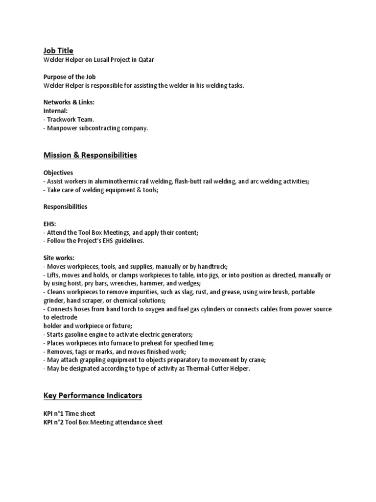 Job Description Welder Helper PDF