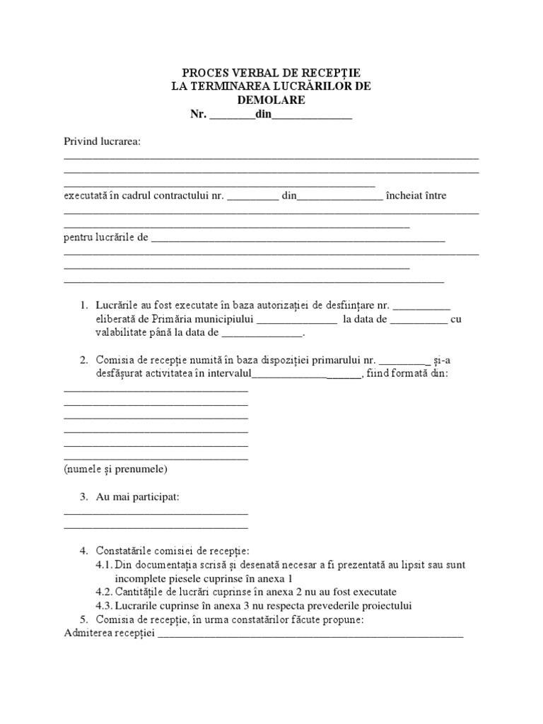Demolare Proces Verbal de Terminare Lucrari PDF | PDF