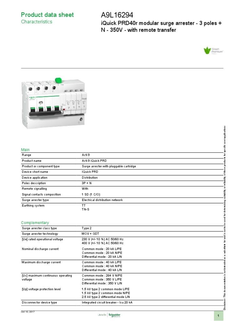 Acti 9 iQuick PRD40r Surge Arrester Data Sheet | PDF | Alternating ...