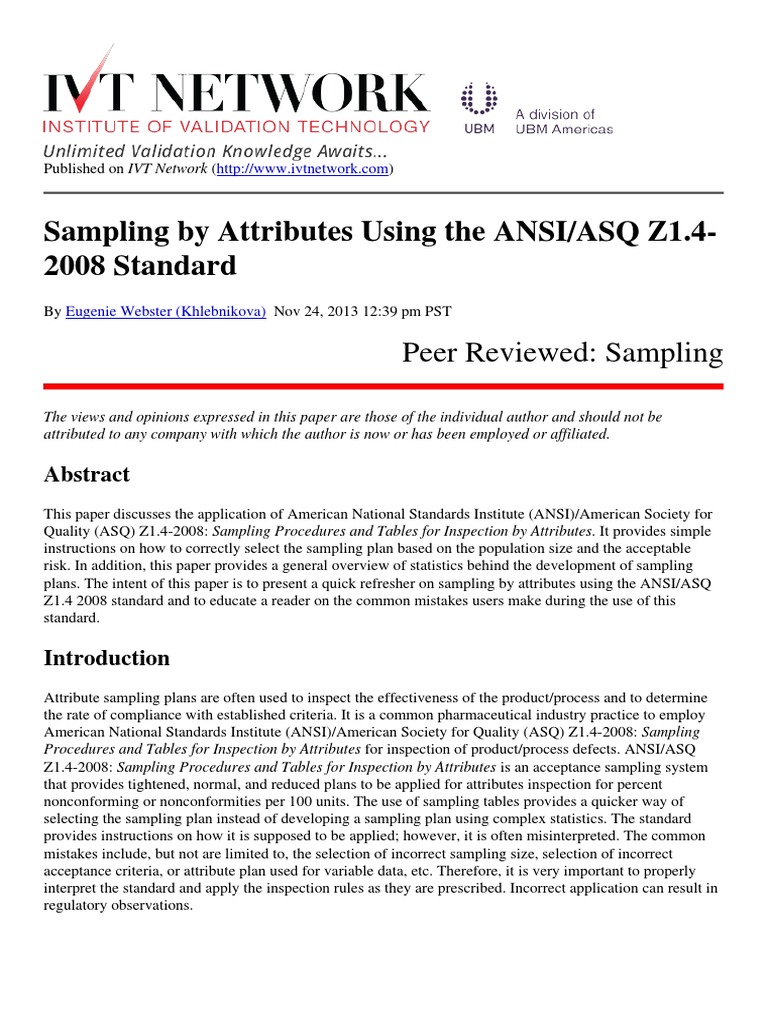 Attribute Sampling with ANSI/ASQ Z1.4-2008 | PDF | Sampling (Statistics ...