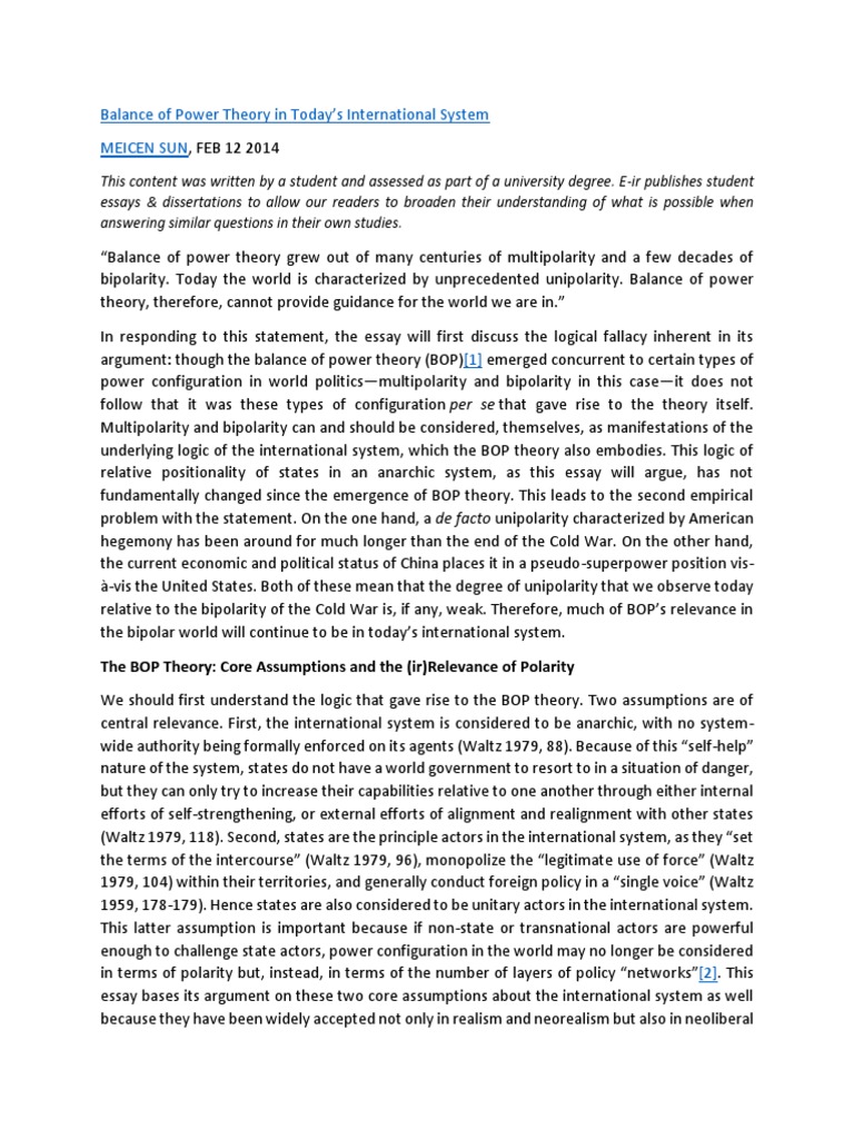 Balance of Power Theory in Today's International System PDF