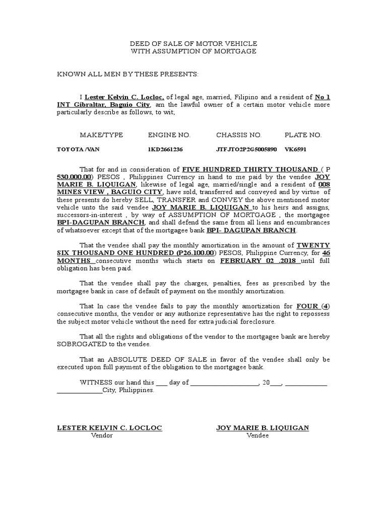 Sale of Vehicle by Deed with Assumption of Existing Mortgage PDF
