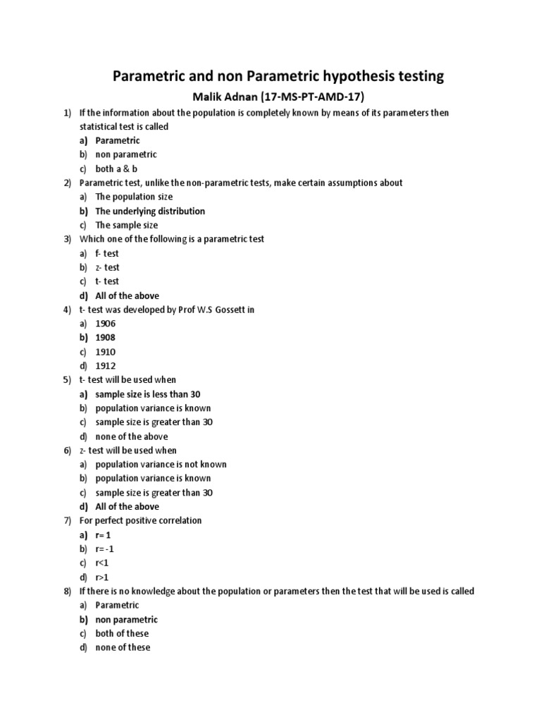 Presentation Mcqs Student S T Test Mann Whitney U Test
