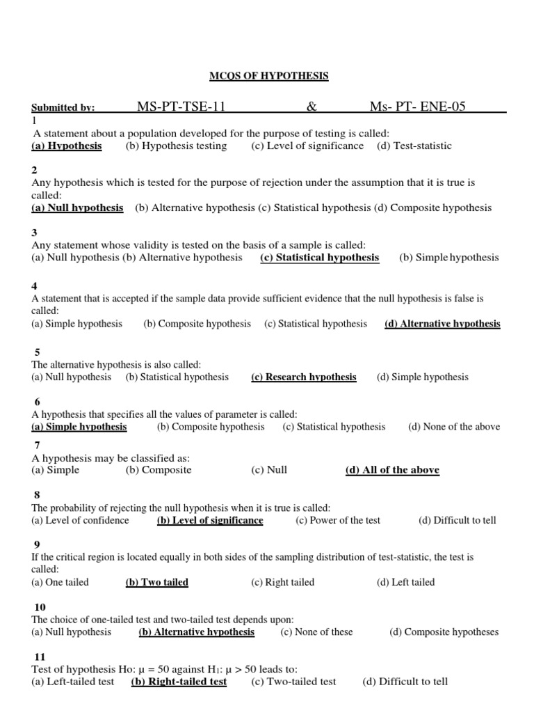 Mcqs of Hypothesis PDF Statistical Hypothesis Testing Hypothesis