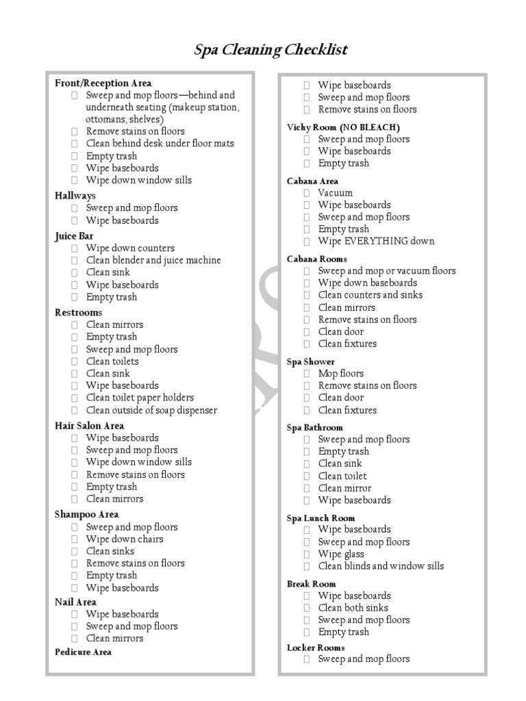 Spa Cleaning Checklist Template | PDF | Bathroom | Home
