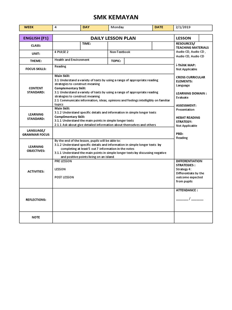 SMK Kemayan: Daily Lesson Plan | PDF | Lesson Plan | Reading Comprehension