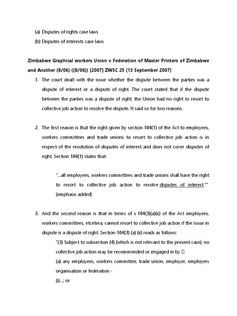 Zimbabwe Graphical Workers Union V Federation of Master Printers of