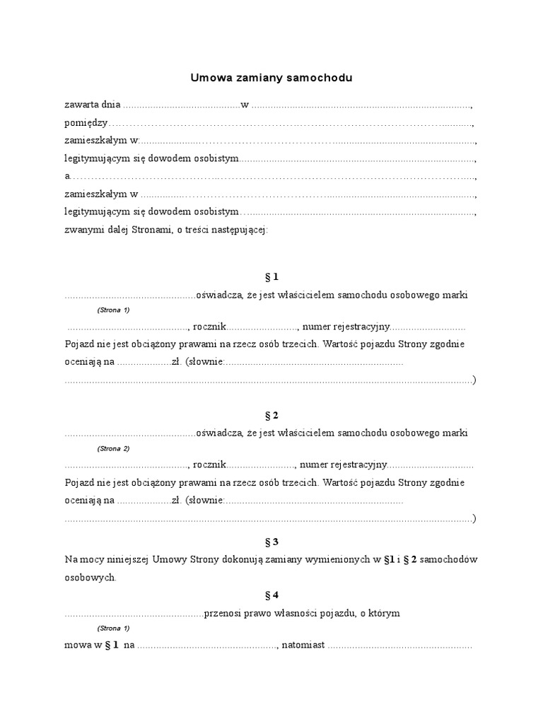 Umowa Zamiany Samochodu | PDF