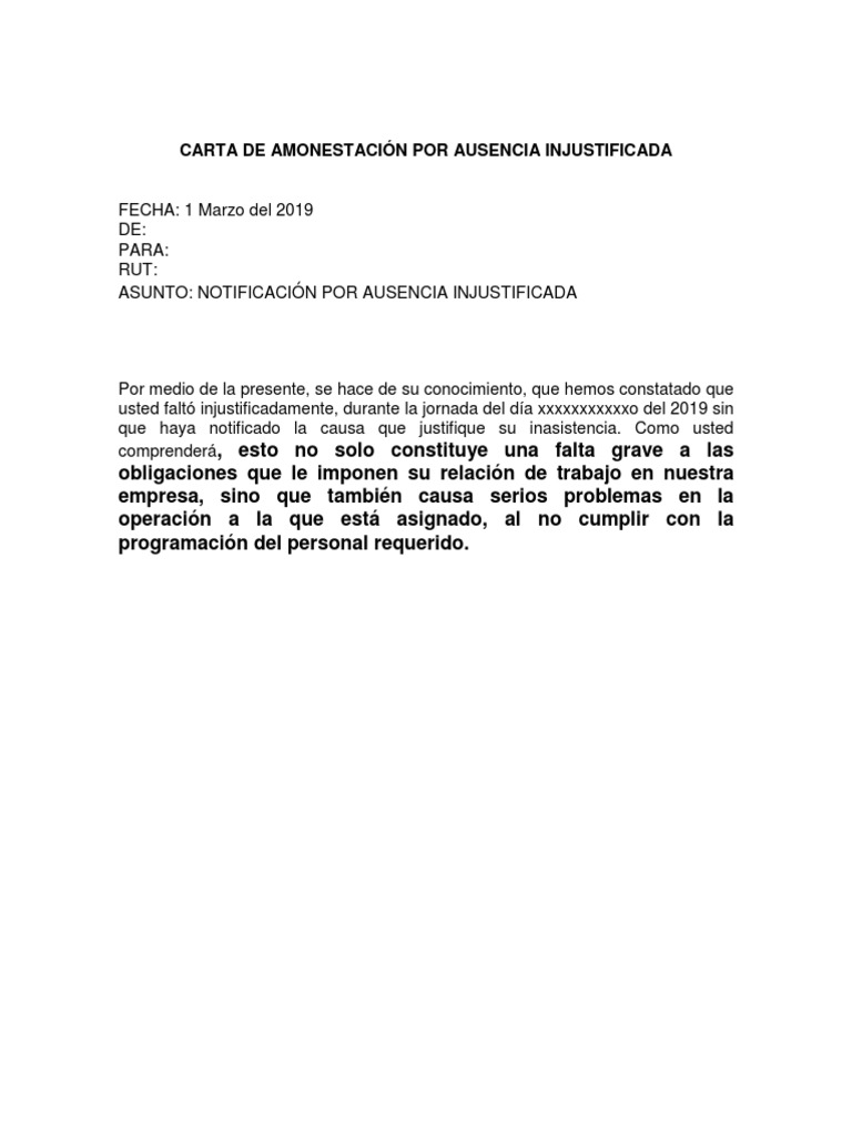 Carta De Amonestación Por Ausencia Injustificada Pdf