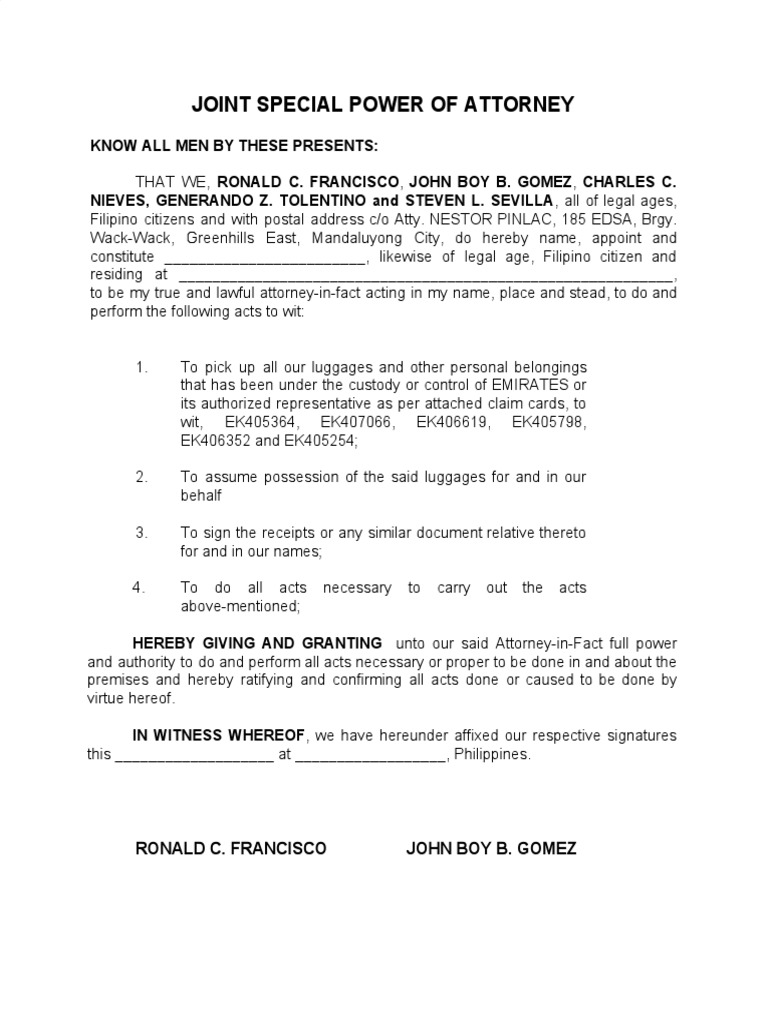 Joint Special Power of Attorney | PDF | Power Of Attorney | Virtue