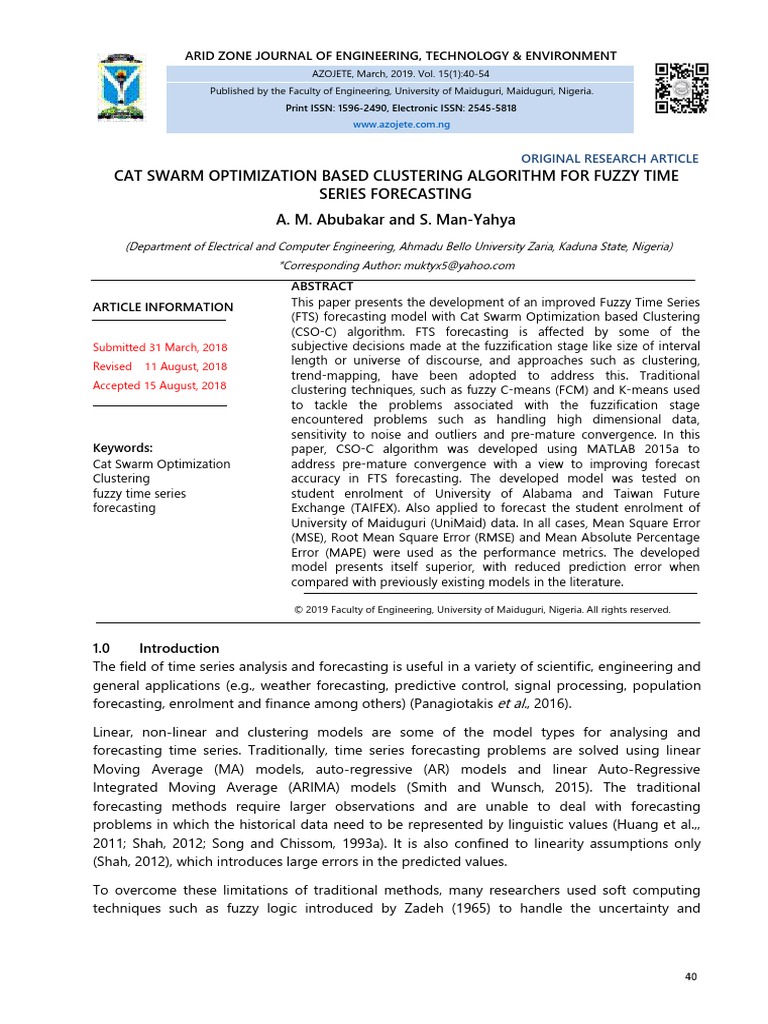 Cat Swarm Optimization Based Clustering Algorithm For Fuzzy Time Series ...