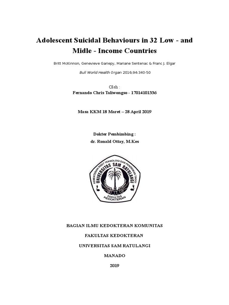 Adolescent Suicidal Behaviours in 32 Low - and Midle - Income Countries ...