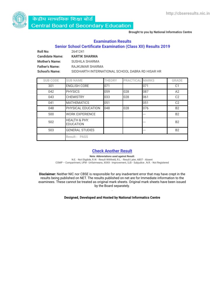 CBSE Senior School Certificate Examination (Class XII) Results 2019 PDF Statistics Of