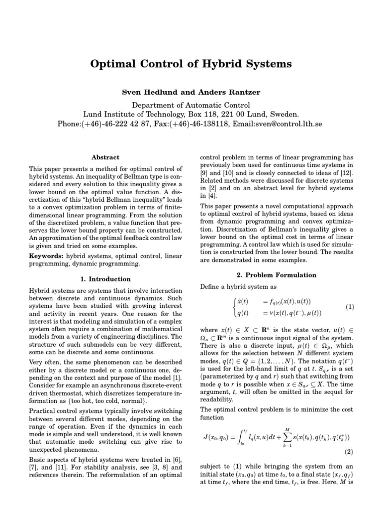 Optimal Control Methods for Hybrid Systems | PDF | Optimal Control ...
