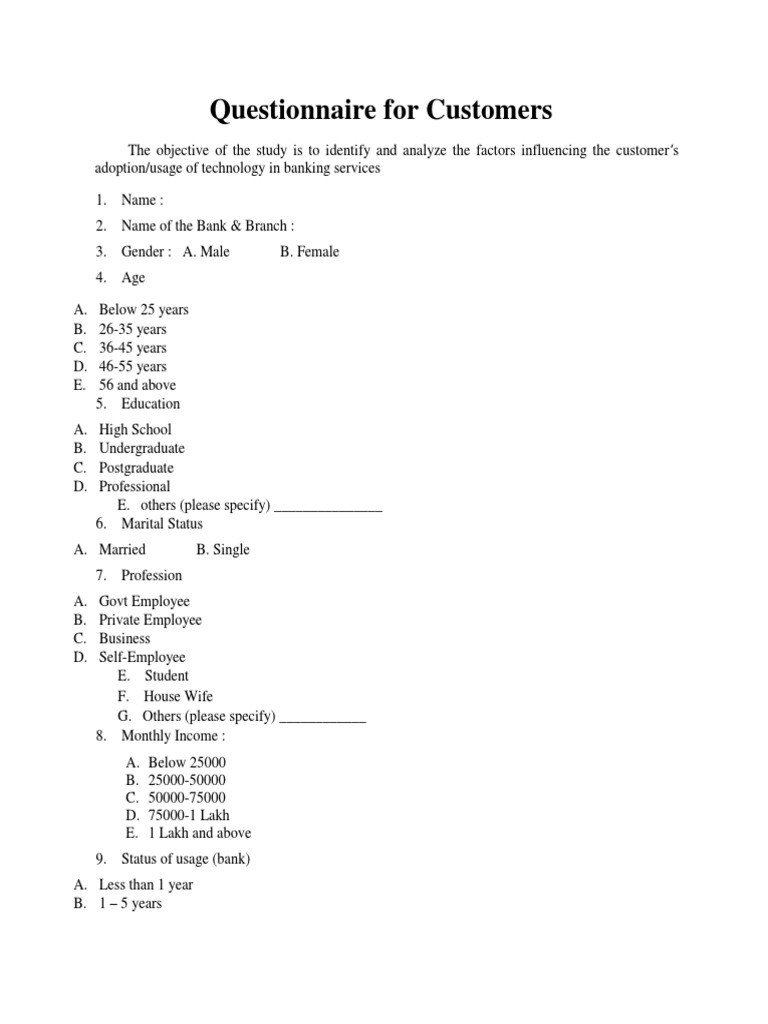 Questionnaire For Customers PDF Financial Technology Finance & Money Management