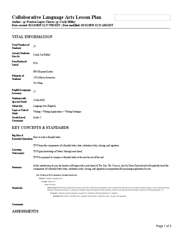 Collaborative Ela Lesson Plan Educ 4166 | PDF | Lesson Plan | Reading ...