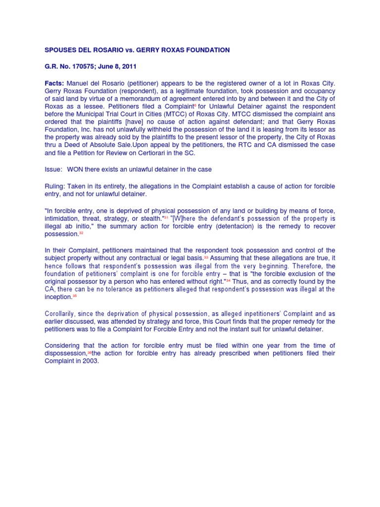 SPOUSES DEL ROSARIO vs. GERRY ROXAS FOUNDATION Digest | PDF | Complaint ...
