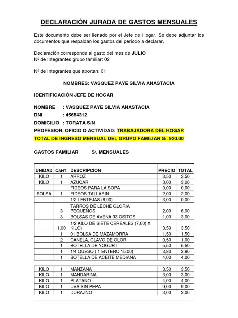 Declaracion Jurada de Gastos Mensuales | PDF