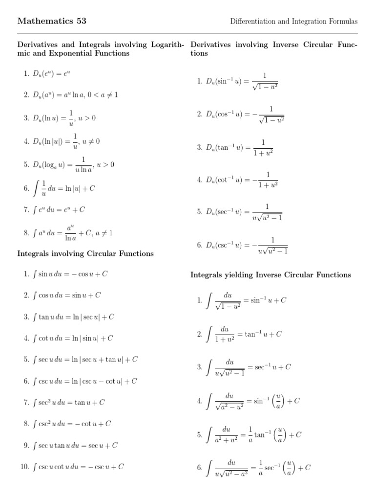 Math 53 Differentiation and Integration Formulas | PDF | Differential ...