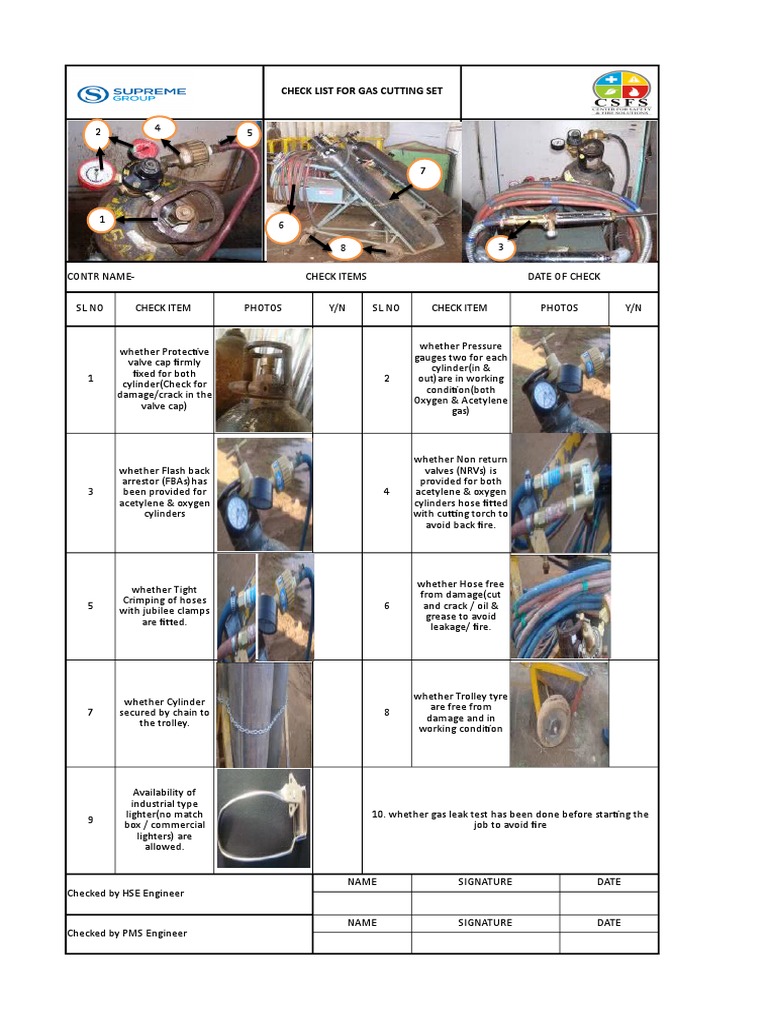 Gas Cutting Set Checklist Manufactured Goods Gases