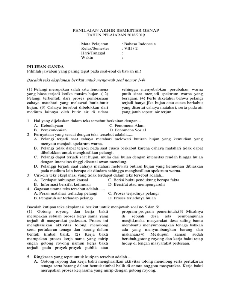 Soal Pas Genap Kelas 8