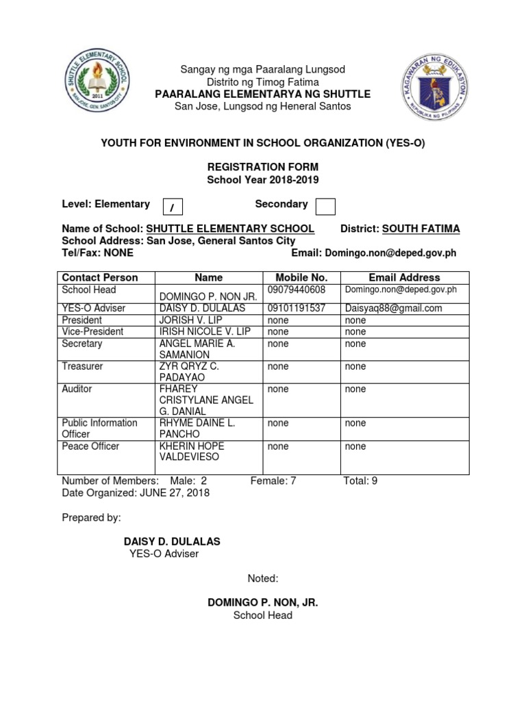 YES-O Registration Form 2018-2019 | PDF