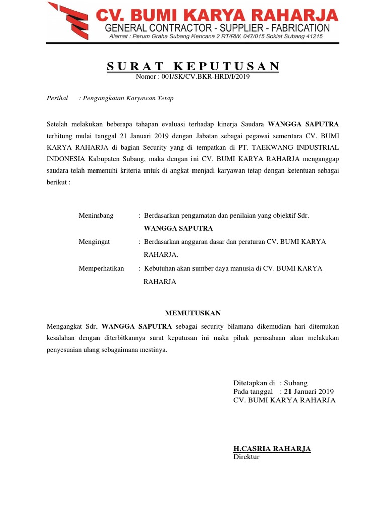 Surat Keputusan Pengangkatan Karyawan | PDF