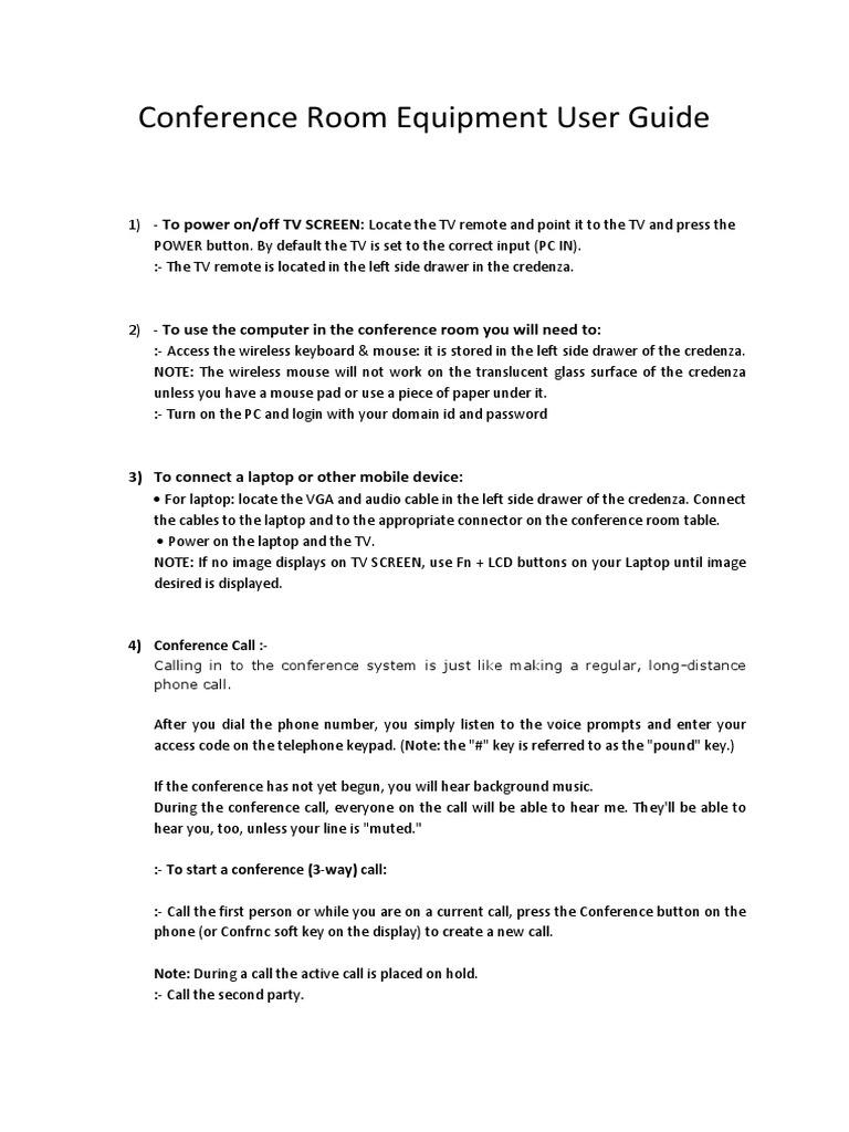 Conference Room Equipment Guide | PDF | Conference Call | Laptop