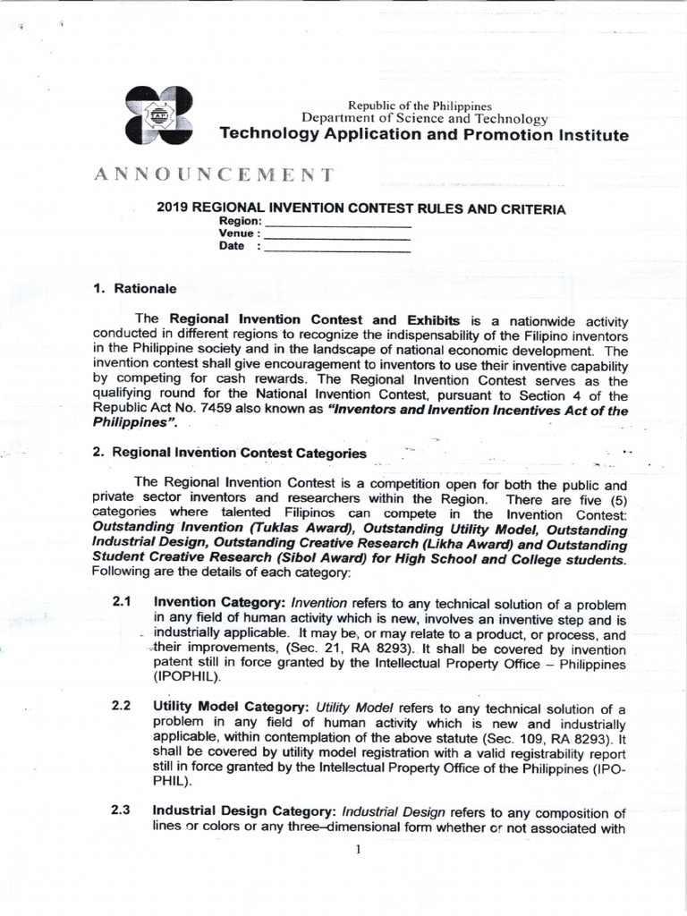 TAPI Rules and Criteria For The 2019 RICE | PDF | Invention | Patent