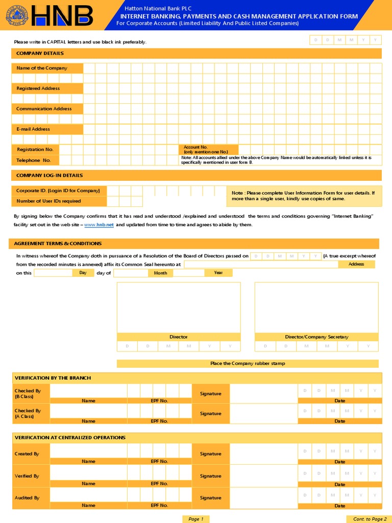 HNB Corporate Internet Banking Form | PDF | Online Banking | Banks ...