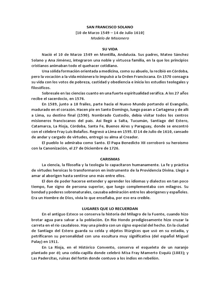 San Francisco Solano | PDF | Santo | Comportamiento religioso y experiencia