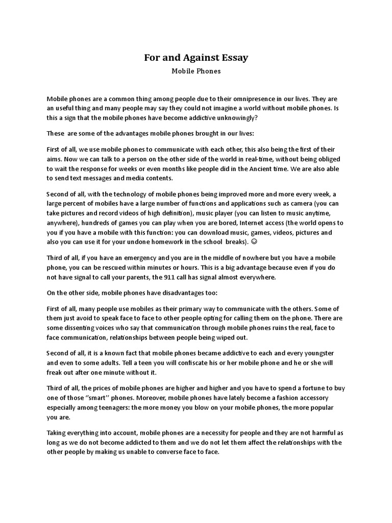 For and Against EssayMobile Phones PDF Mobile Phones Telephone