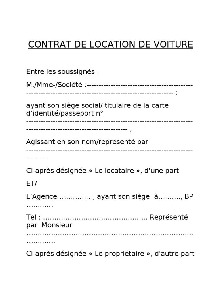 Contrat de Location de Voiture Location de voiture Véhicules