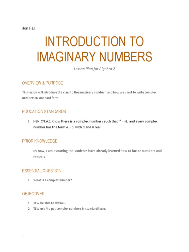 Lesson plan1 introduction to imaginary and complex numbers pdf