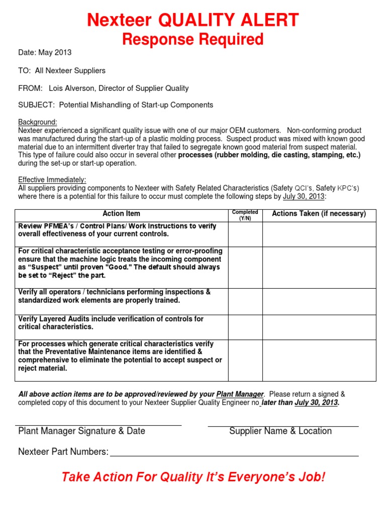 Nexteer Quality Alert: Response Required | PDF