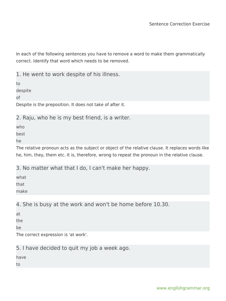 Sentence Correction Exercises for Grammar | PDF | Preposition And ...