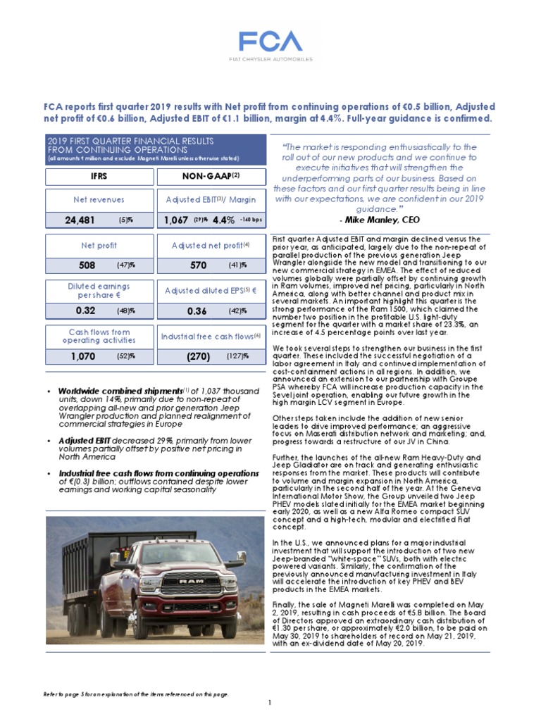 FCA Q1 2019 Financial Results Summary | PDF | Earnings Per Share | Free ...