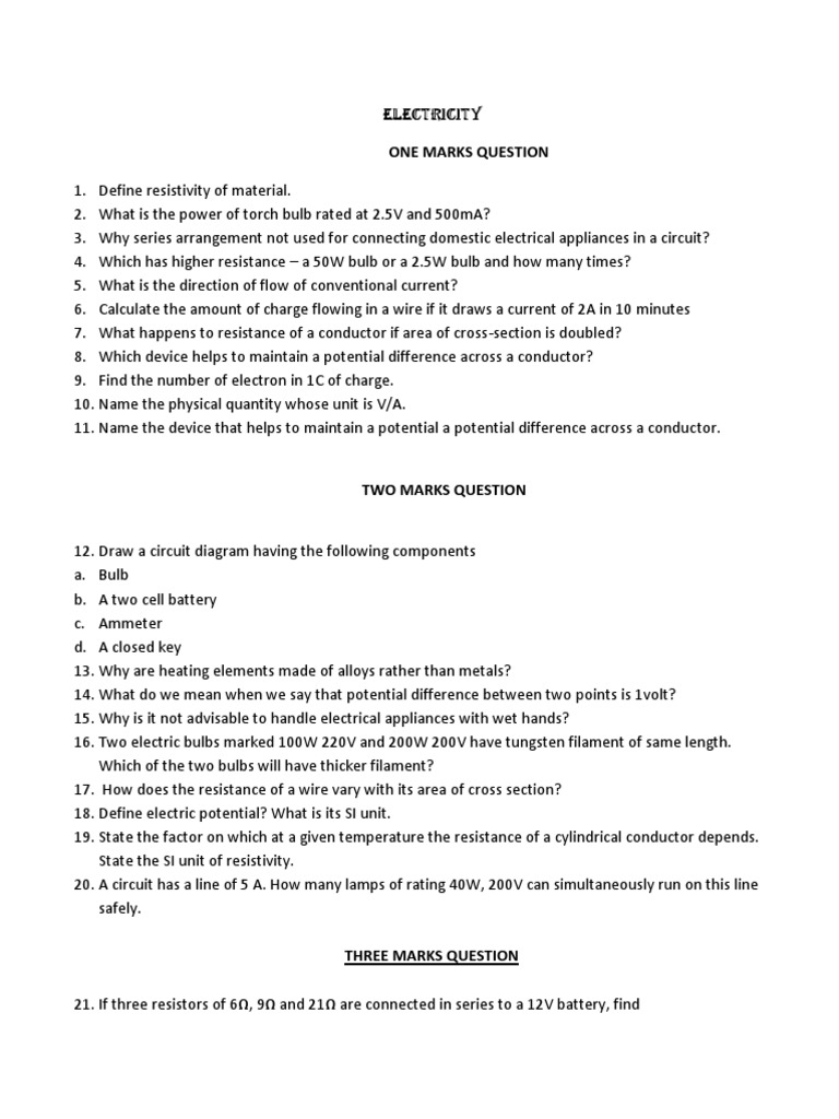 CHAPTER - 12-Electricity Practice Questions | PDF | Incandescent Light ...