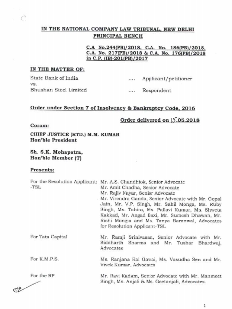 15th May 2018 in The Matter of Bhushan Steel Limited PDF
