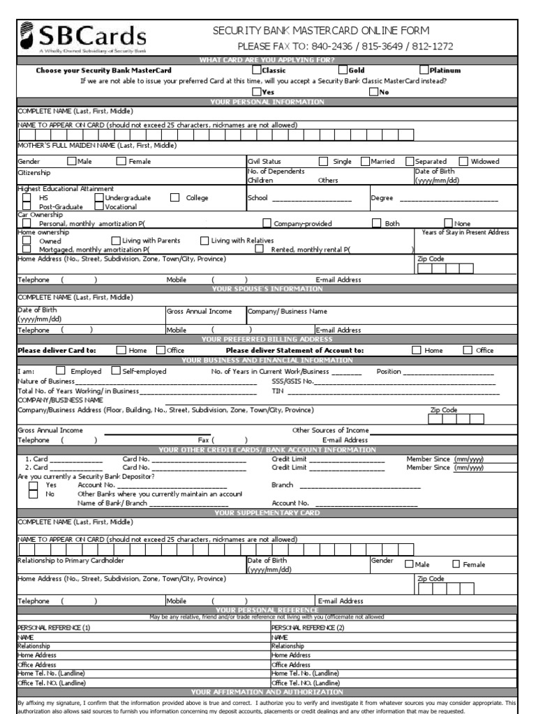 Security Bank MasterCard Application Form | PDF | Credit Card | Banking