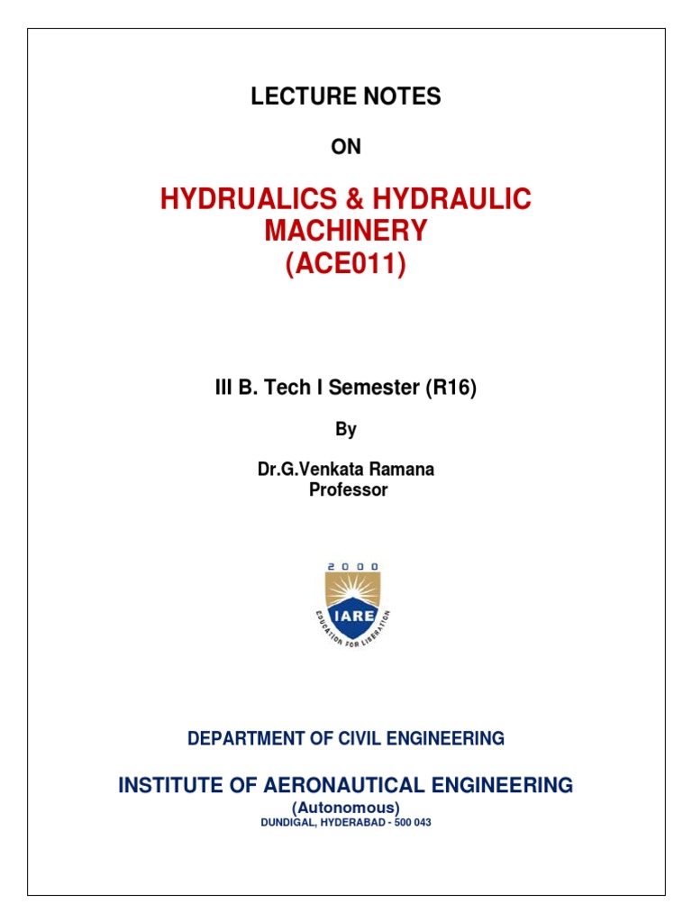 Hydrualics & Hydraulic Machinery - Lecture - Notes-1 PDF | PDF ...