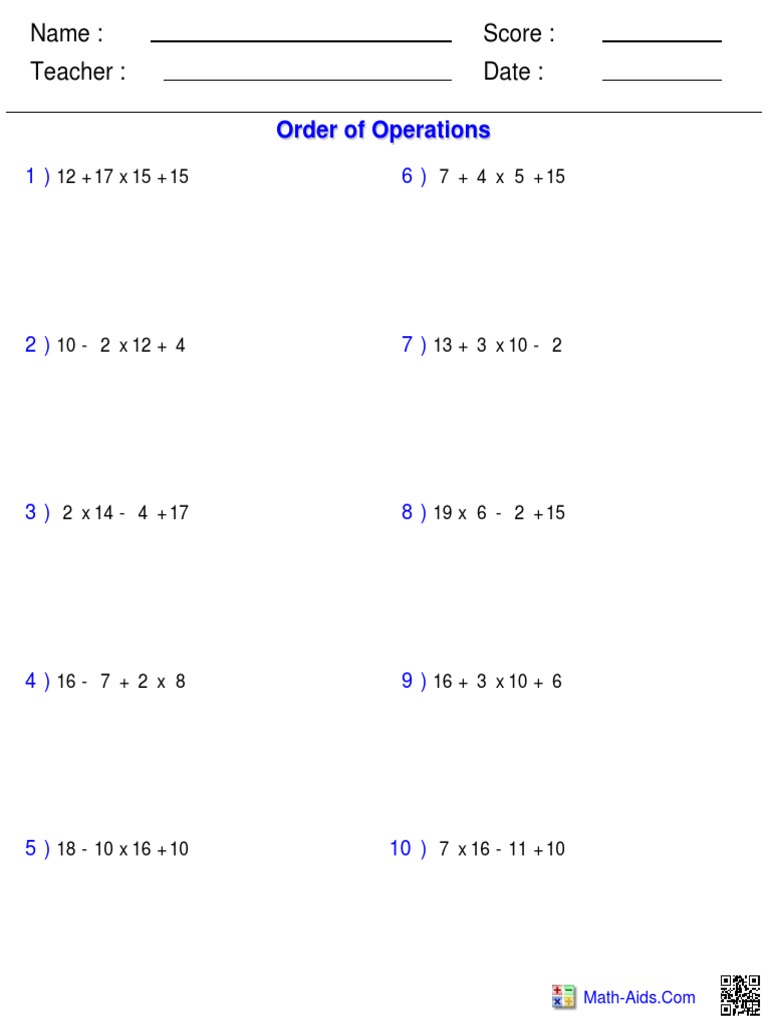Pemdas Worksheet 1 PDF PDF